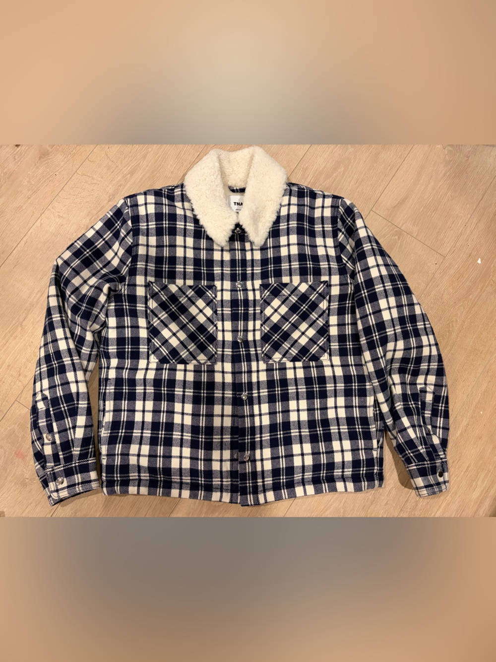 Aritzia Navy and White Plaid Sherpa-Collar Utility Jacket